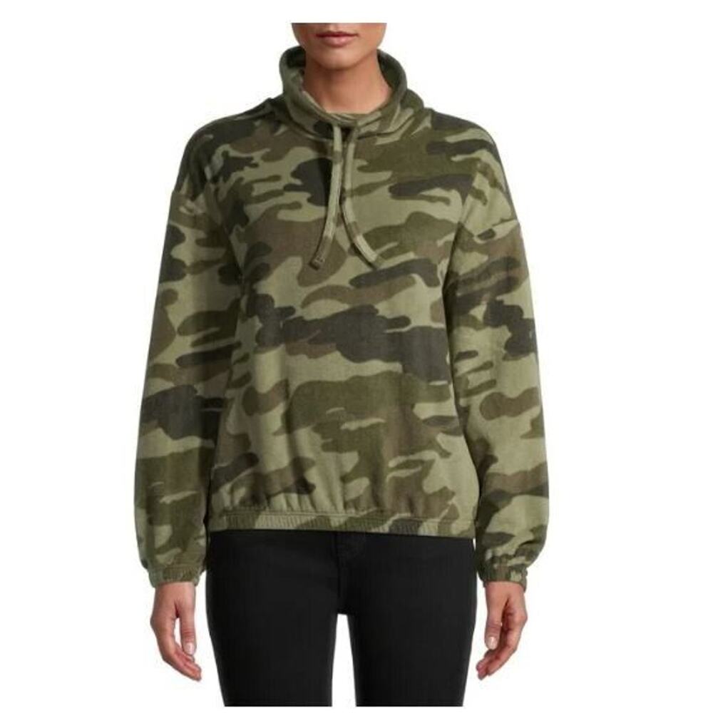Derek Heart Women's Cinched Waist Funnel Neck Sweatshirt in Green Camo Small